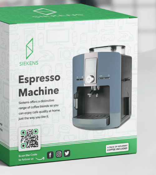 お客様がフォローできる複数のソーシャルメディアチャネルが表示される QR コード付きの製品パッケージ。