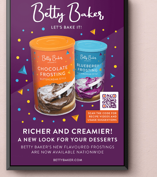 A purple Betty Baker poster advertising video recipes using their products  with a QR Code.