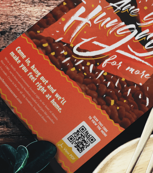 スキャン時に PDF バージョンのメニューが表示される、QR コード付きのレストランのテイクアウトメニュー。