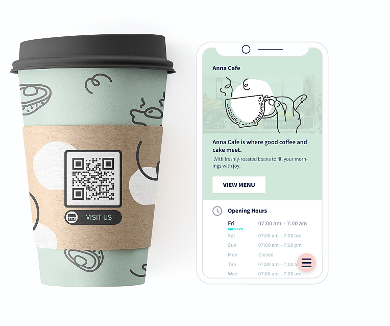 詳細なビジネス情報を宣伝するランディングページが付いた QR コードをコーヒーカップに載せるアイデア