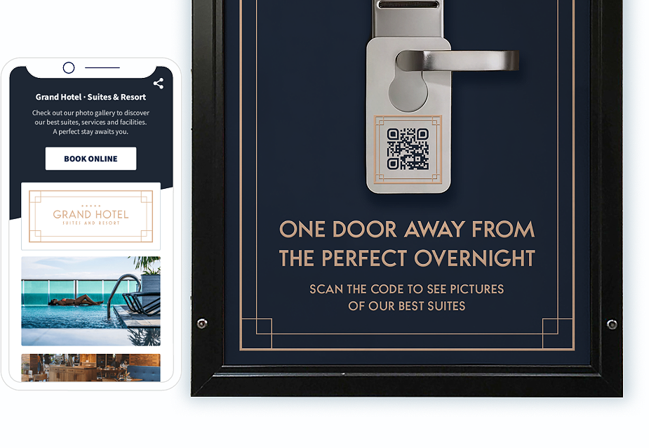 1 ページに複数の画像を表示するランディングページが付いた QR コードをホテルのキーカードに載せるアイデア