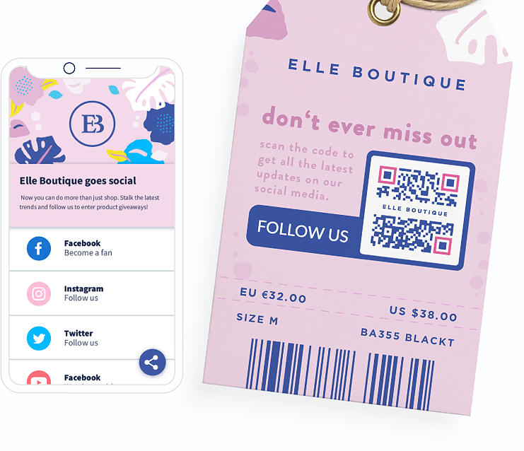 すべてのソーシャルメディアチャネルを 1 ページに表示するランディングページが付いた QR コードを衣類タグに載せるアイデア