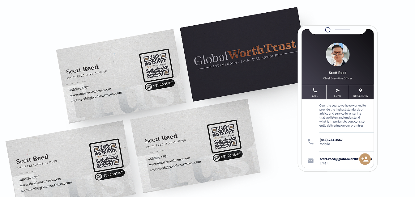 「電話に保存」機能がついた連絡先情報を表示するランディングページが付いた QR コードを名刺に載せるアイデア